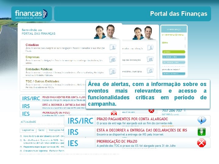 Portal das Finanças Área de alertas, com a informação sobre os eventos mais relevantes Portal das Finanças Área de alertas, com a informação sobre os eventos mais relevantes