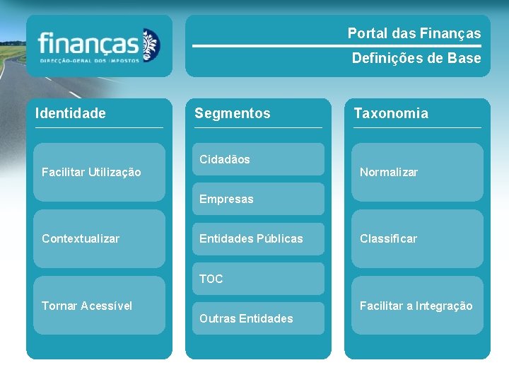 Portal das Finanças Definições de Base Identidade Segmentos Taxonomia Cidadãos Facilitar Utilização Normalizar Empresas Portal das Finanças Definições de Base Identidade Segmentos Taxonomia Cidadãos Facilitar Utilização Normalizar Empresas