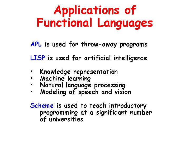 Applications of Functional Languages APL is used for throw-away programs LISP is used for