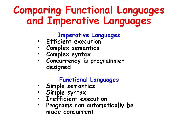 Comparing Functional Languages and Imperative Languages • • Imperative Languages Efficient execution Complex semantics