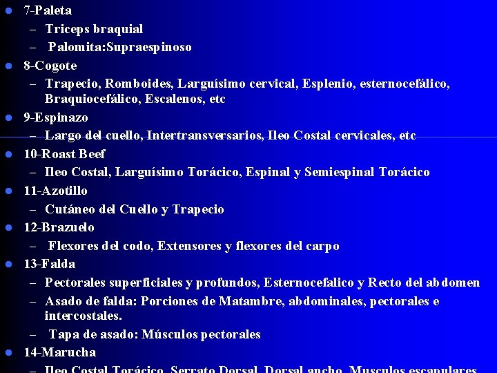  7 -Paleta – Triceps braquial – Palomita: Supraespinoso 8 -Cogote – Trapecio, Romboides,