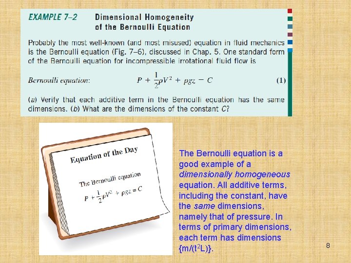 The Bernoulli equation is a good example of a dimensionally homogeneous equation. All additive