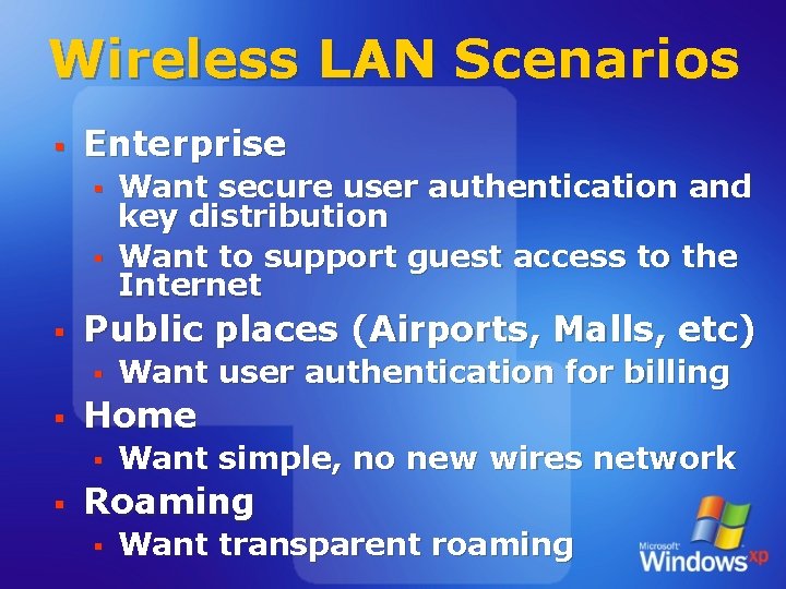 Wireless LAN Scenarios § Enterprise § § § Public places (Airports, Malls, etc) §