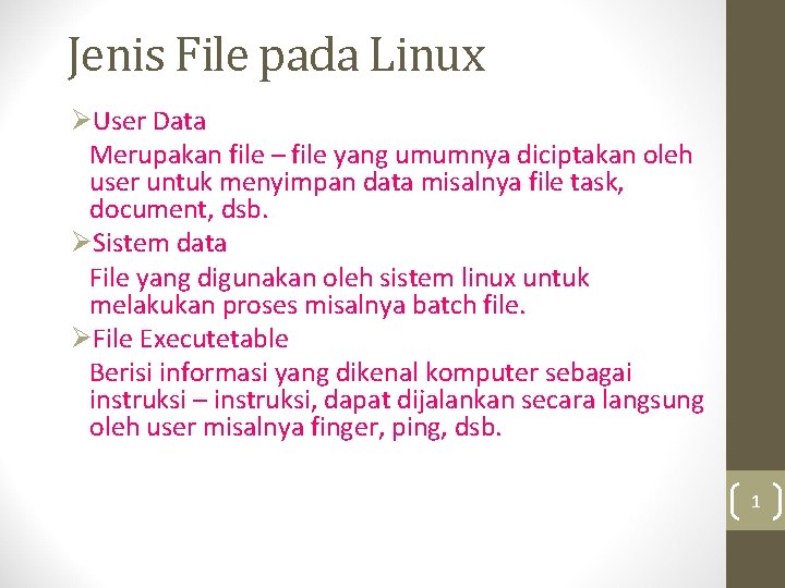Jenis File pada Linux ØUser Data Merupakan file – file yang umumnya diciptakan oleh