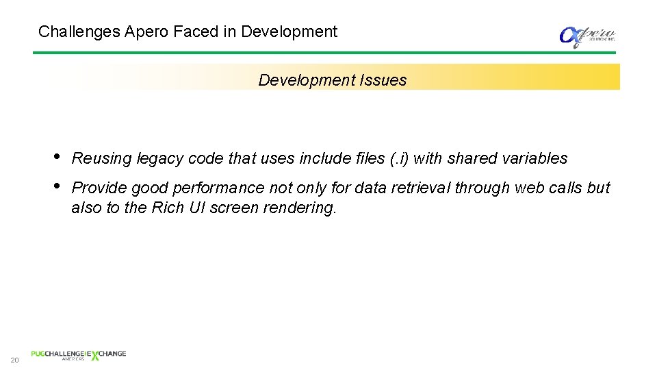 Challenges Apero Faced in Development Issues • • 20 Reusing legacy code that uses