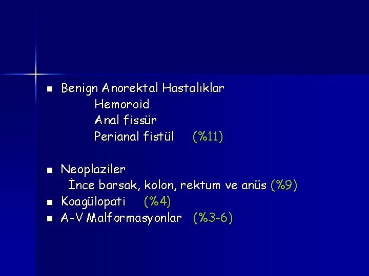 n n Benign Anorektal Hastalıklar Hemoroid Anal fissür Perianal fistül (%11) Neoplaziler İnce barsak,