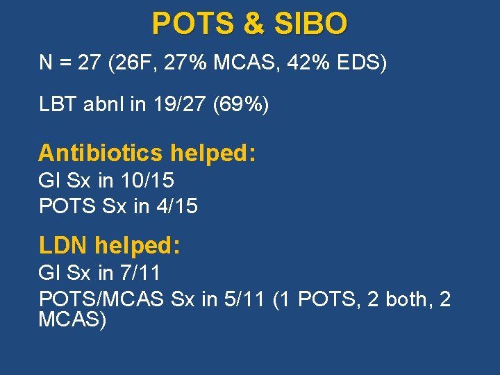 POTS & SIBO N = 27 (26 F, 27% MCAS, 42% EDS) LBT abnl