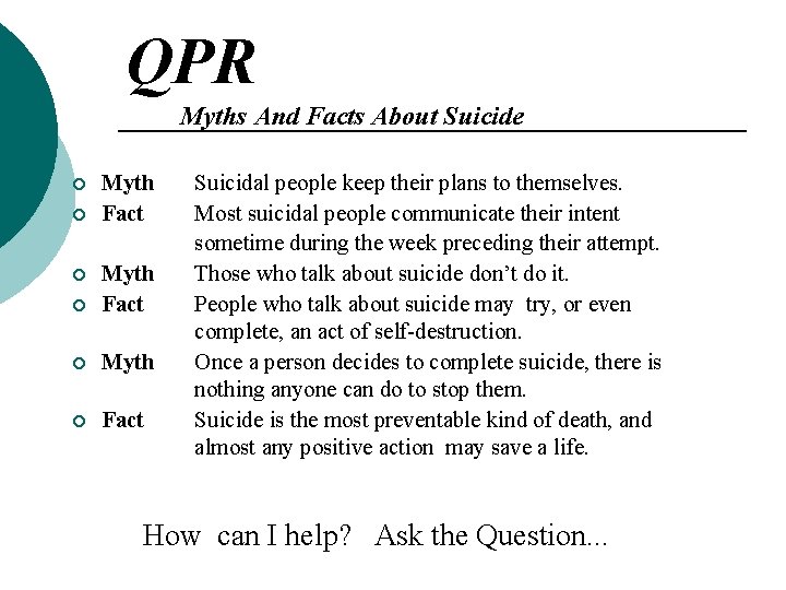 QPR Myths And Facts About Suicide ¡ ¡ Myth Fact ¡ Myth ¡ Fact QPR Myths And Facts About Suicide ¡ ¡ Myth Fact ¡ Myth ¡ Fact