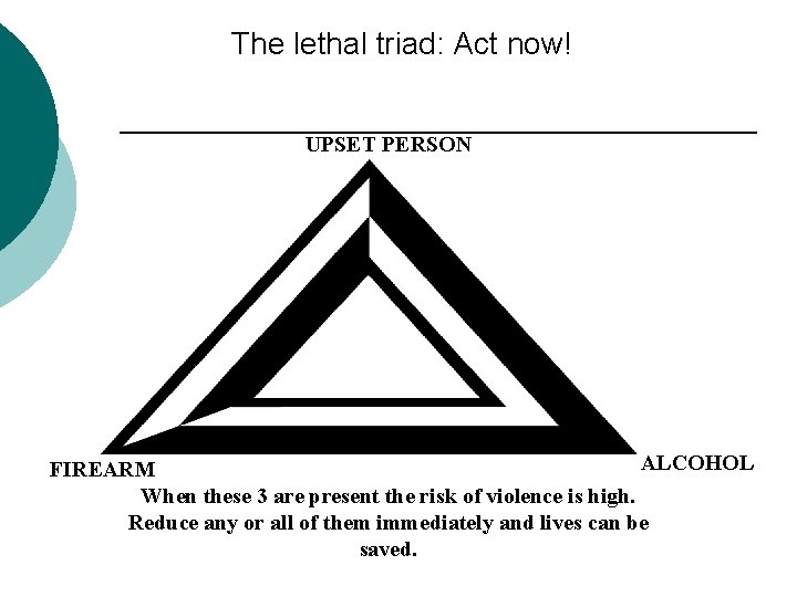 The lethal triad: Act now! UPSET PERSON ALCOHOL FIREARM When these 3 are present The lethal triad: Act now! UPSET PERSON ALCOHOL FIREARM When these 3 are present