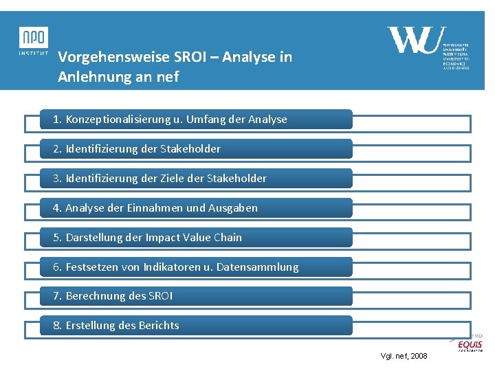 Vorgehensweise SROI – Analyse in Anlehnung an nef 1. Konzeptionalisierung u. Umfang der Analyse Vorgehensweise SROI – Analyse in Anlehnung an nef 1. Konzeptionalisierung u. Umfang der Analyse