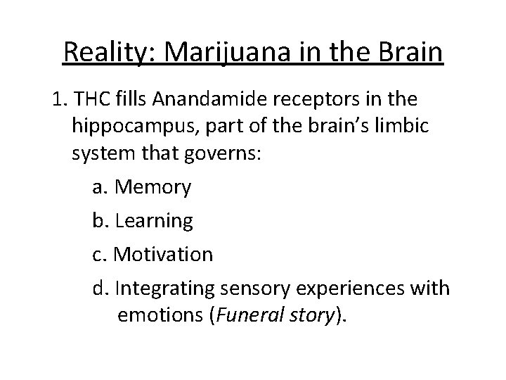 Reality: Marijuana in the Brain 1. THC fills Anandamide receptors in the hippocampus, part