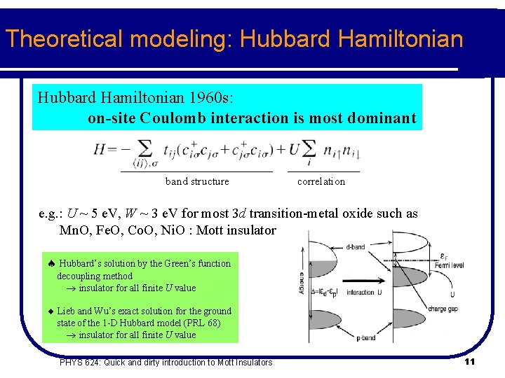 Theoretical modeling: Hubbard Hamiltonian 1960 s: on-site Coulomb interaction is most dominant band structure