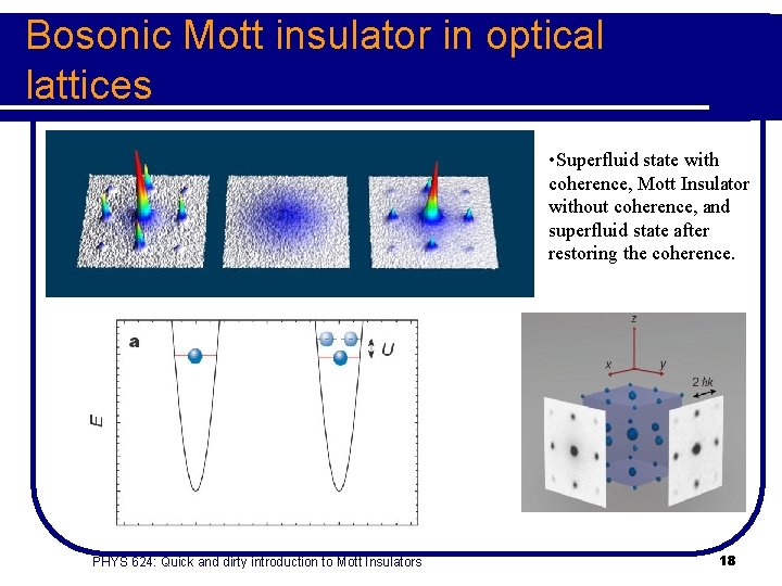 Bosonic Mott insulator in optical lattices • Superfluid state with coherence, Mott Insulator without