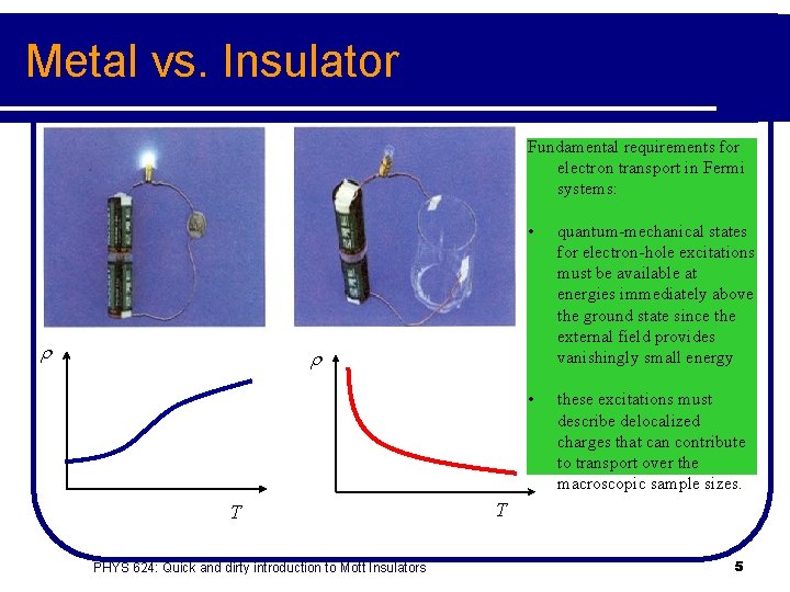 Metal vs. Insulator Fundamental requirements for electron transport in Fermi systems: • quantum-mechanical states
