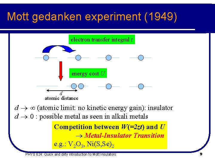 Mott gedanken experiment (1949) electron transfer integral t energy cost U d atomic distance
