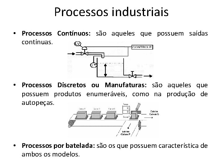 Processos industriais • Processos Contínuos: são aqueles que possuem saídas contínuas. • Processos Discretos