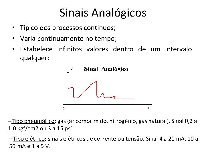 Sinais Analógicos • Típico dos processos contínuos; • Varia continuamente no tempo; • Estabelece