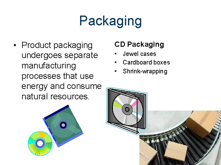 Packaging • Product packaging undergoes separate manufacturing processes that use energy and consume natural