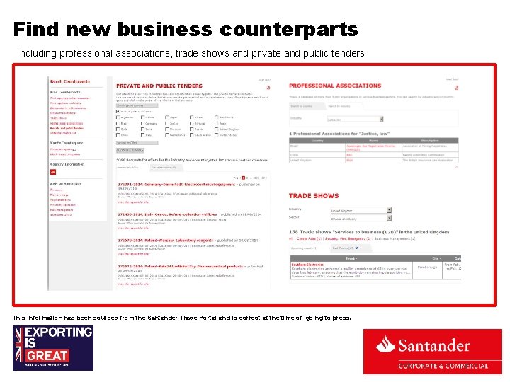 Find new business counterparts Including professional associations, trade shows and private and public tenders Find new business counterparts Including professional associations, trade shows and private and public tenders