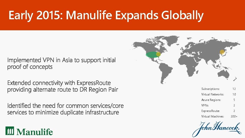 Early 2015: Manulife Expands Globally Subscriptions: 12 Virtual Networks: 10 Azure Regions: 5 VPNs