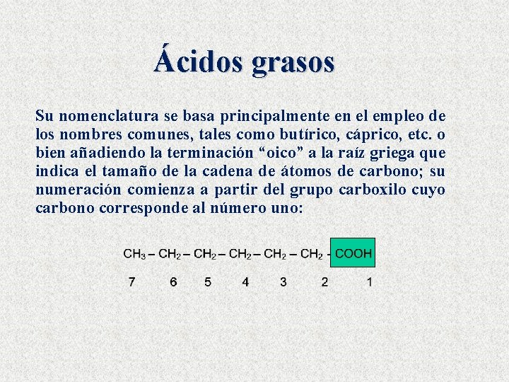 Ácidos grasos Su nomenclatura se basa principalmente en el empleo de los nombres comunes,