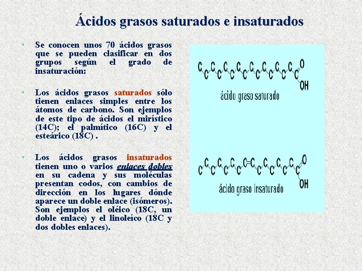 Ácidos grasos saturados e insaturados • Se conocen unos 70 ácidos grasos que se