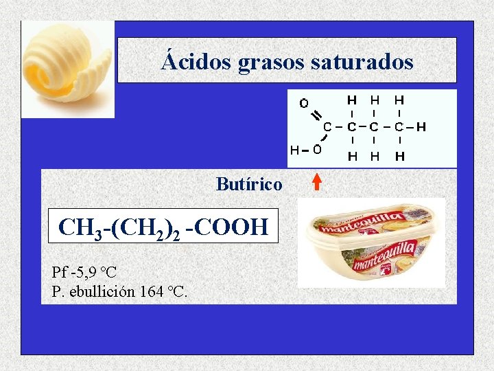 Ácidos grasos saturados Butírico CH 3 -(CH 2)2 -COOH Pf -5, 9 ºC P.