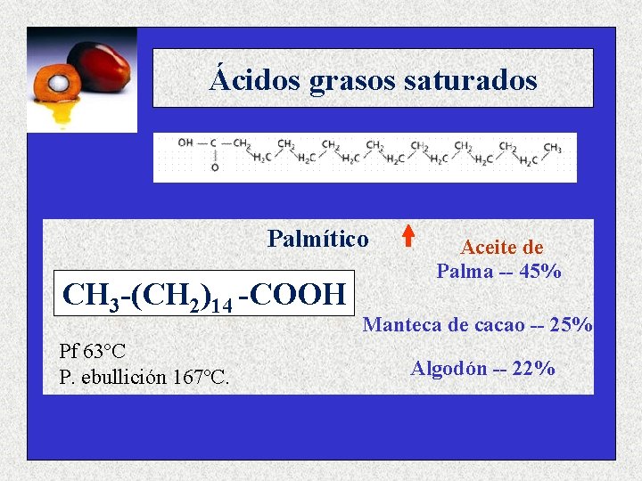 Ácidos grasos saturados Palmítico CH 3 -(CH 2)14 -COOH Pf 63ºC P. ebullición 167ºC.