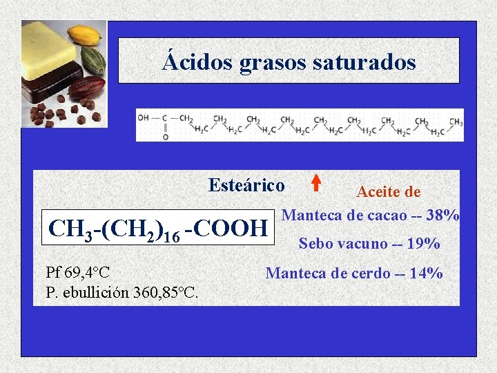 Ácidos grasos saturados Esteárico CH 3 -(CH 2)16 -COOH Pf 69, 4ºC P. ebullición