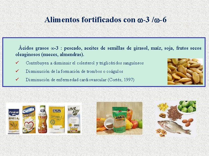 Alimentos fortificados con -3 / -6 Ácidos grasos -3 : pescado, aceites de semillas