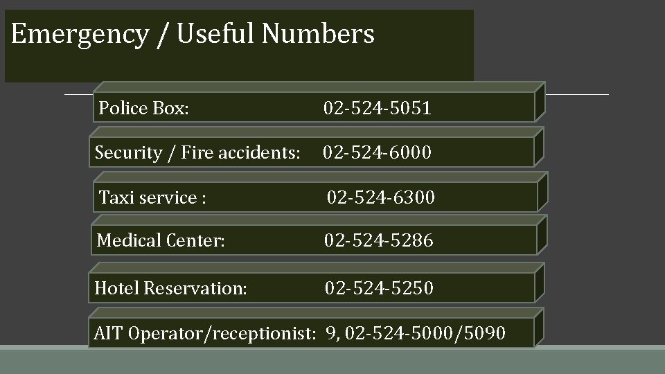 Emergency / Useful Numbers Police Box: 02 -524 -5051 Security / Fire accidents: 02