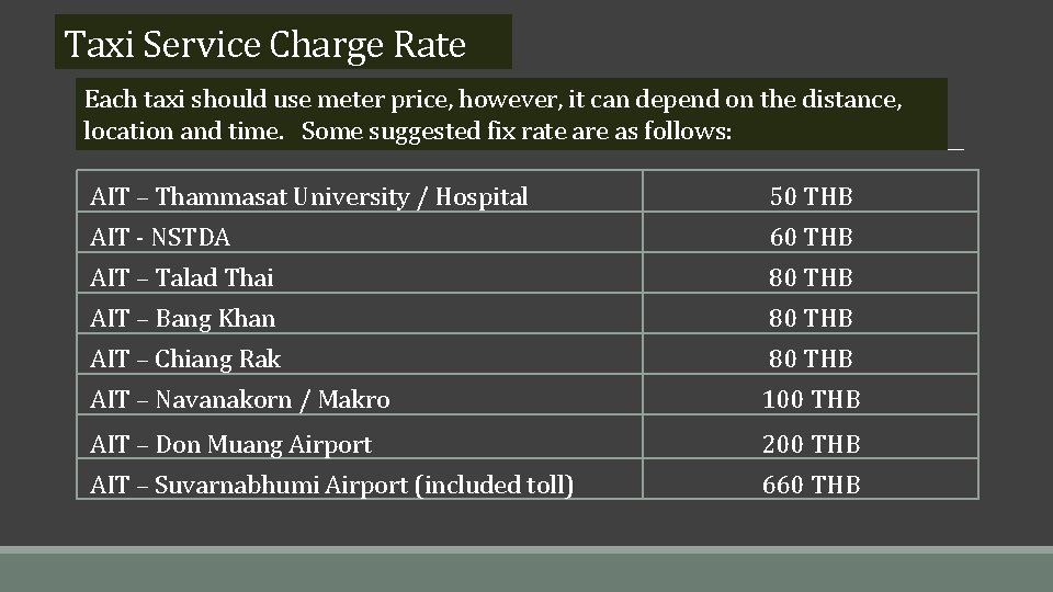 Taxi Service Charge Rate Each taxi should use meter price, however, it can depend