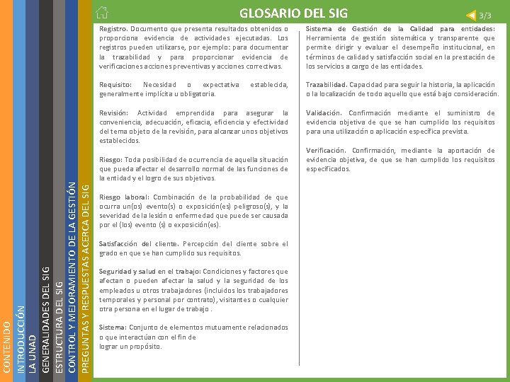 CONTENIDO INTRODUCCIÓN LA UNAD GENERALIDADES DEL SIG ESTRUCTURA DEL SIG CONTROL Y MEJORAMIENTO DE CONTENIDO INTRODUCCIÓN LA UNAD GENERALIDADES DEL SIG ESTRUCTURA DEL SIG CONTROL Y MEJORAMIENTO DE