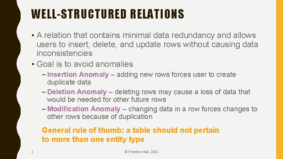 WELL-STRUCTURED RELATIONS • A relation that contains minimal data redundancy and allows users to