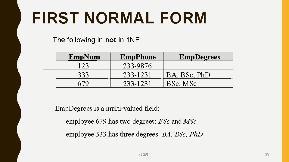 FIRST NORMAL FORM The following in not in 1 NF Emp. Num 123 333