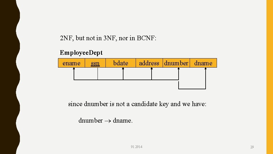 2 NF, but not in 3 NF, nor in BCNF: Employee. Dept ename ssn