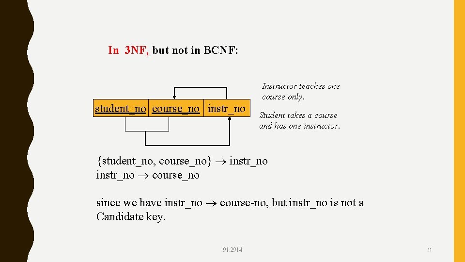 In 3 NF, but not in BCNF: Instructor teaches one course only. student_no course_no