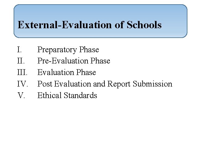 External-Evaluation of Schools I. III. IV. V. Preparatory Phase Pre-Evaluation Phase Post Evaluation and