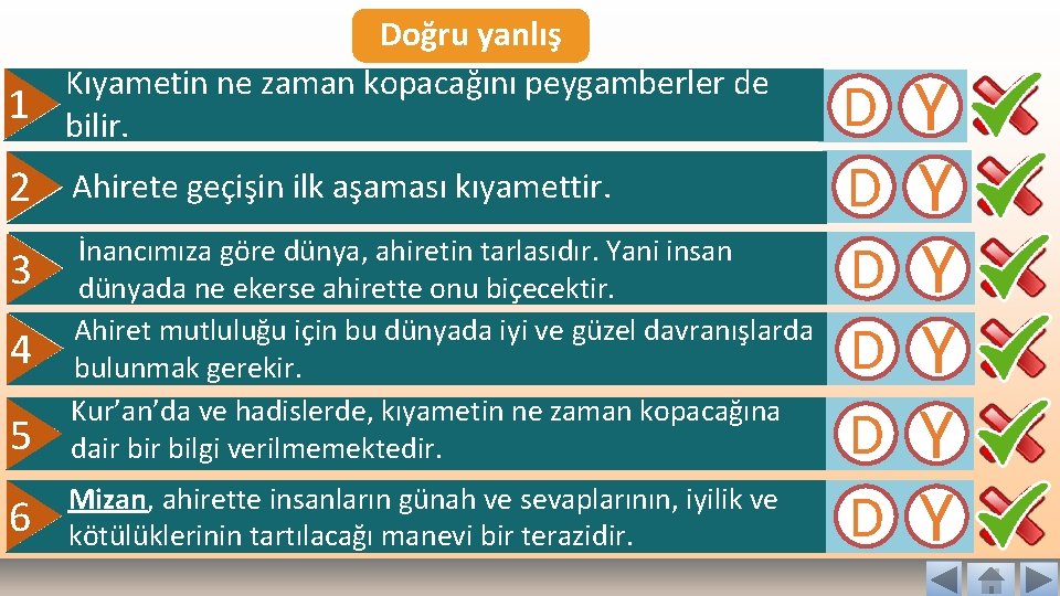 1 Doğru yanlış Kıyametin ne zaman kopacağını peygamberler de bilir. 2 Ahirete geçişin ilk