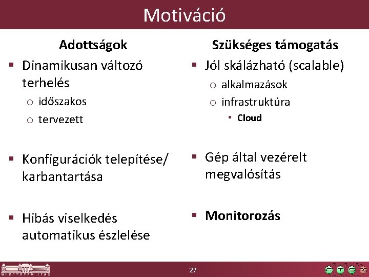 Motiváció Adottságok § Dinamikusan változó terhelés Szükséges támogatás § Jól skálázható (scalable) o alkalmazások