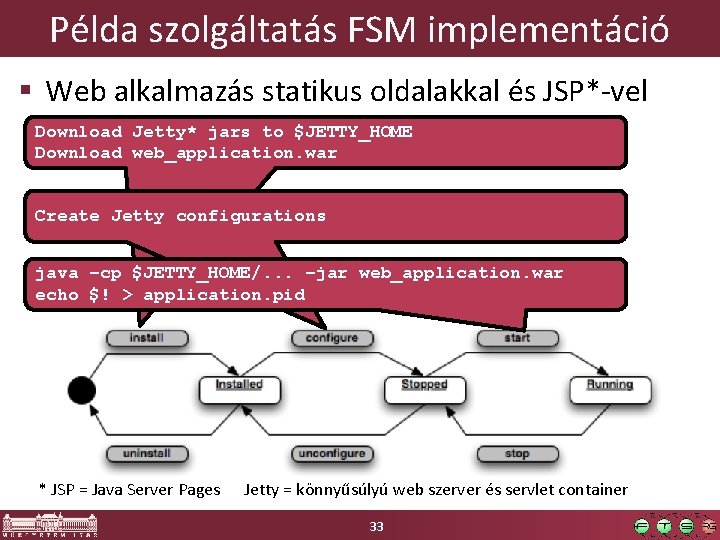 Példa szolgáltatás FSM implementáció § Web alkalmazás statikus oldalakkal és JSP*-vel Download Jetty* jars