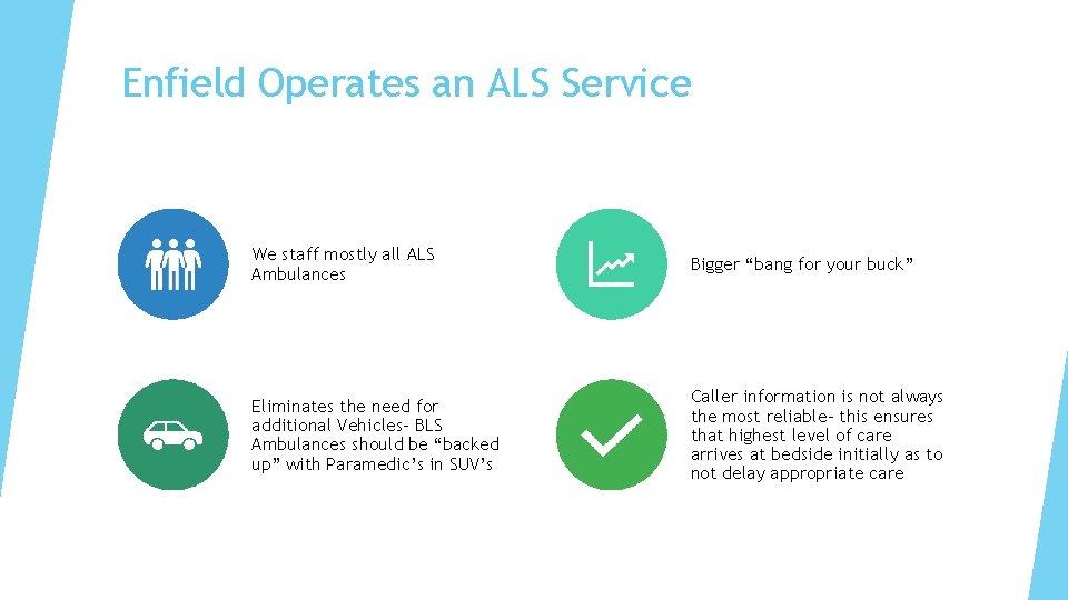 Enfield Operates an ALS Service We staff mostly all ALS Ambulances Bigger “bang for