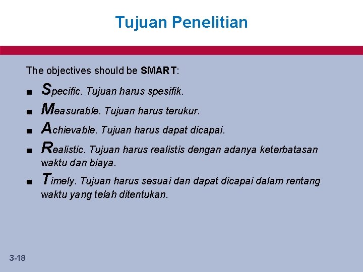 Tujuan Penelitian The objectives should be SMART: ■ ■ Specific. Tujuan harus spesifik. Measurable.