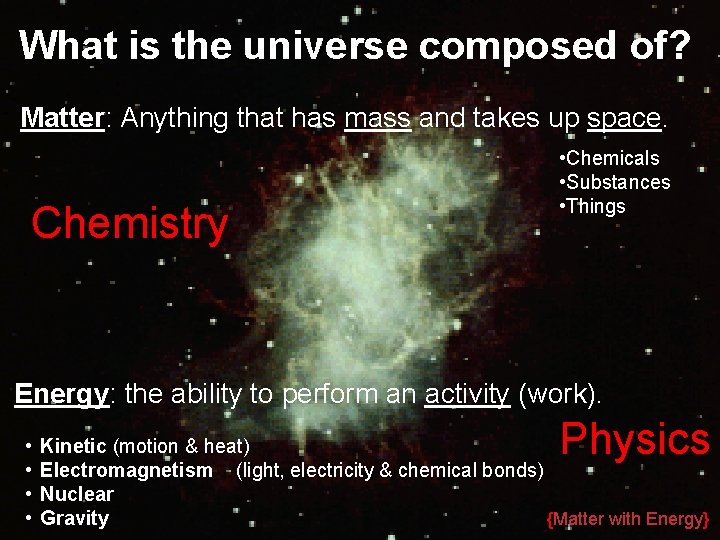 What is the universe composed of? Matter: Anything that has mass and takes up