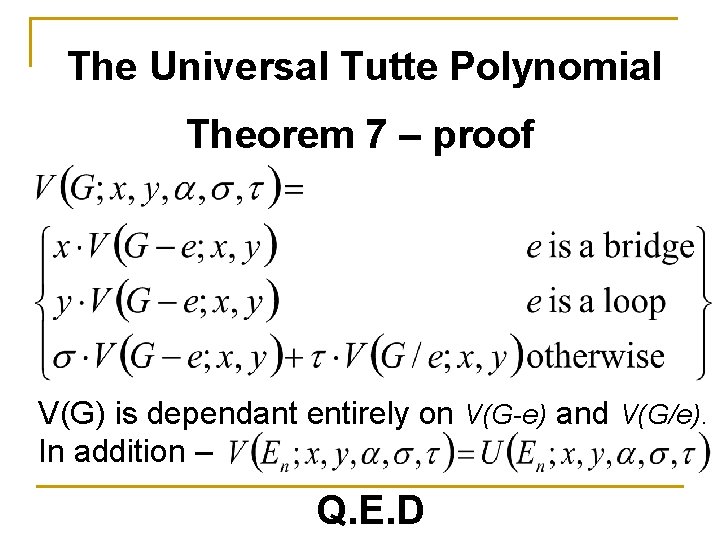 The Universal Tutte Polynomial Theorem 7 – proof V(G) is dependant entirely on V(G-e)