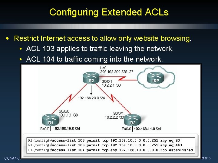 Configuring Extended ACLs • Restrict Internet access to allow only website browsing. • ACL