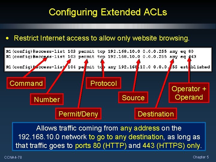 Configuring Extended ACLs • Restrict Internet access to allow only website browsing. Protocol Command