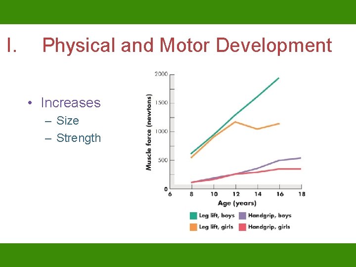 I. Physical and Motor Development • Increases – Size – Strength 