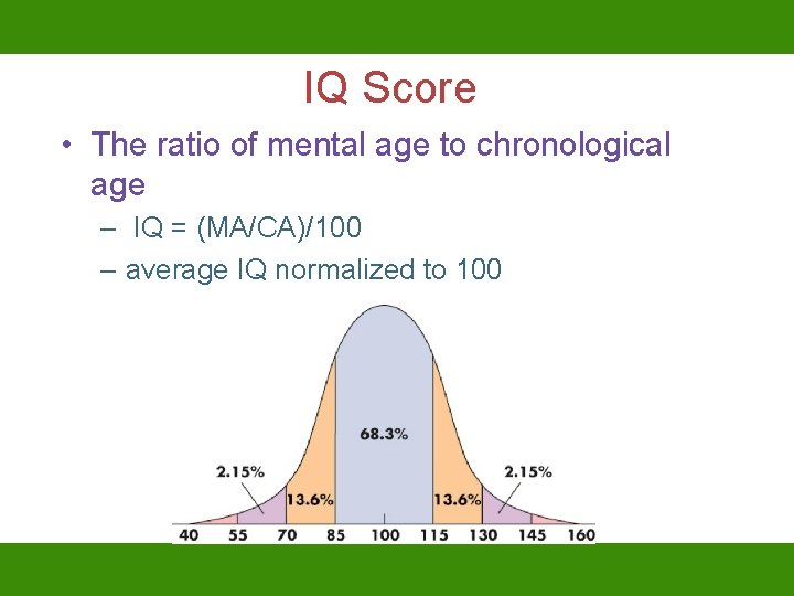 IQ Score • The ratio of mental age to chronological age – IQ =