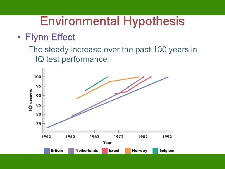 Environmental Hypothesis • Flynn Effect The steady increase over the past 100 years in